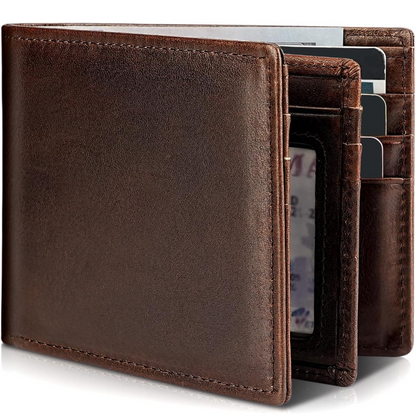 Men's Genuine Leather RFID Wallet Slim Bifold Card Holder with ID Window