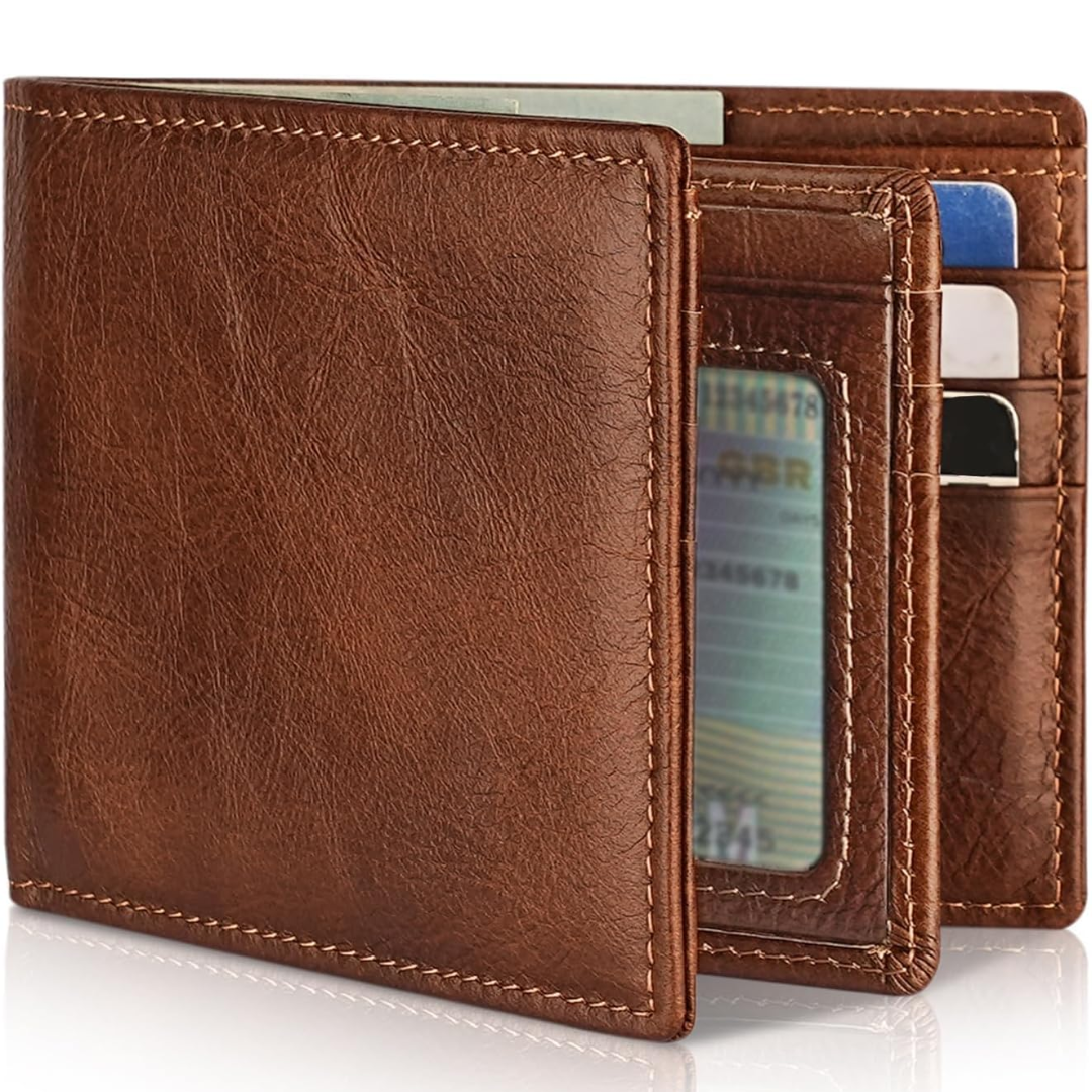 Men's Genuine Leather RFID Wallet Slim Bifold Card Holder with ID Window